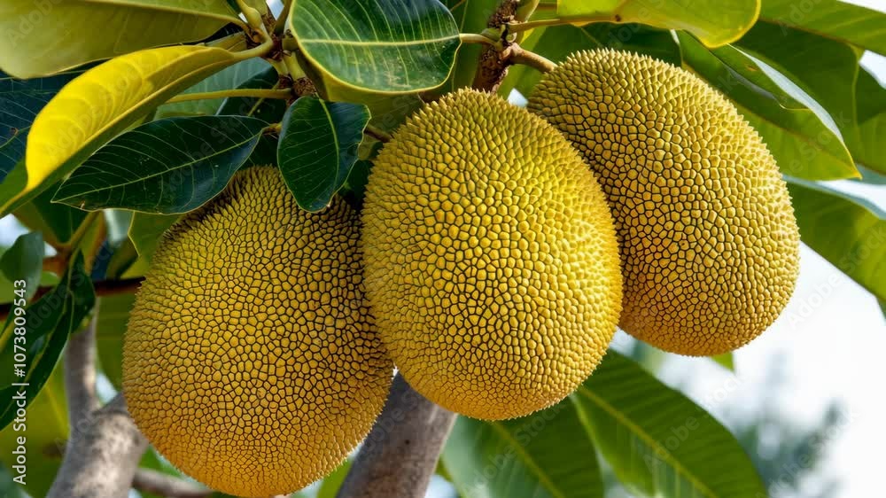 Three ripe jackfruit hang from a tree branch Three ripe jackfruit hang from a tree branch