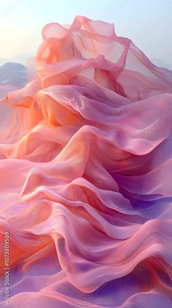 A mesmerizing abstract composition of flowing, sheer fabrics in soft pinks and purples, creating a dreamy and ethereal atmosphere. A mesmerizing abstract composition of flowing, sheer fabrics in soft pinks and purples, creating a dreamy and ethereal atmosphere.