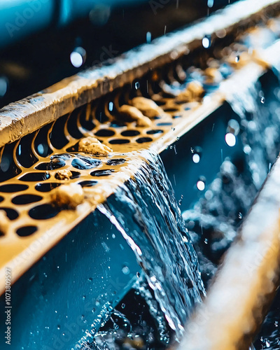 water flowing through mesh-protected gutter system photo