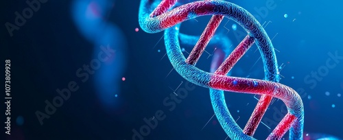 DNA double helix interwoven with digital AI elements. Showing how AI can be applied to genetic research and personalized medicine.
