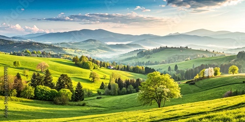 Rolling Green Hills and Misty Peaks Amidst Lush Meadows and Evergreen Forests, Bathed in Golden Spring Light V2