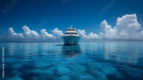 A luxurious yacht anchored in the middle of the ocean, with a bright blue sky and fluffy white clouds in the background.