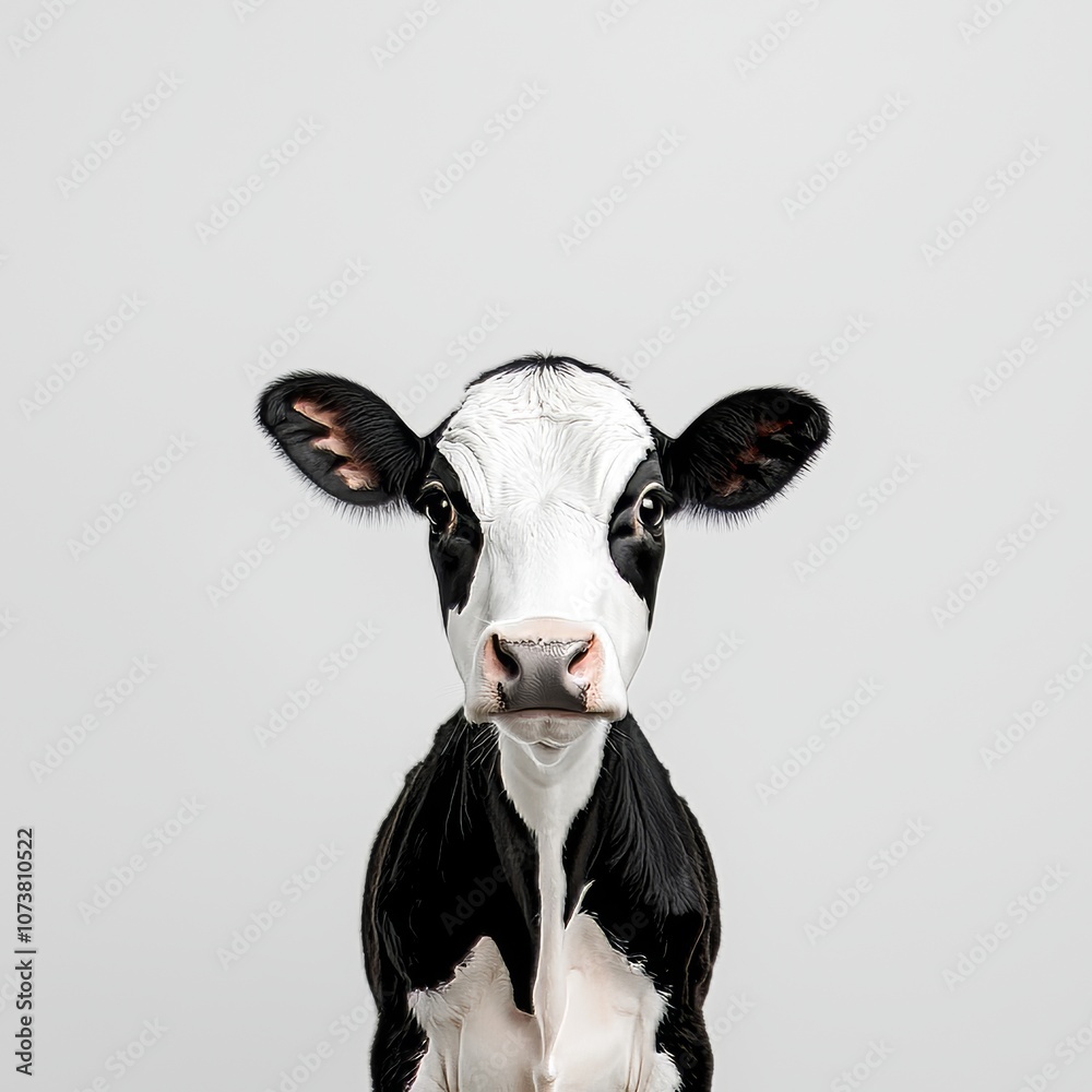 The image shows a black and white cow standing on a white background The image shows a black and white cow standing on a white background