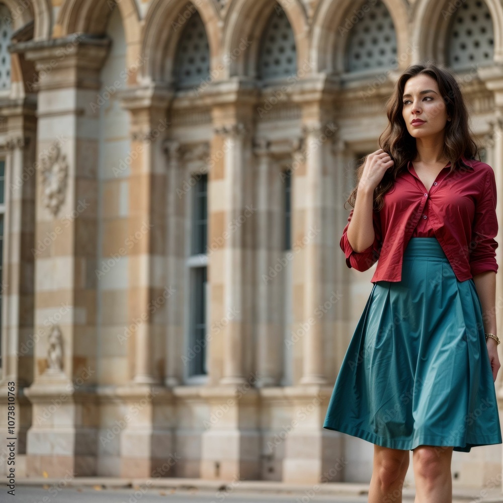 A young woman with long, dark brown hair walking in front of a historic, ornate building with arched windows and detailed stone carvings. She wears a red, long-sleeve blouse. A young woman with long, dark brown hair walking in front of a historic, ornate building with arched windows and detailed stone carvings. She wears a red, long-sleeve blouse.