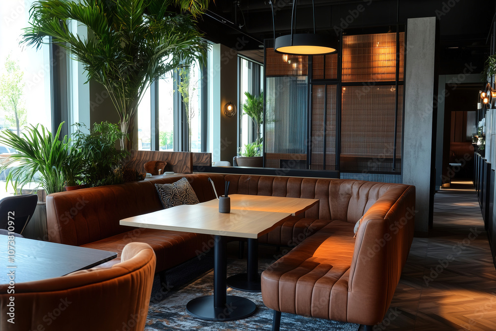 Fototapeta premium A cozy restaurant interior featuring elegant seating and lush plants in a chic urban setting during daylight hours. Generative AI