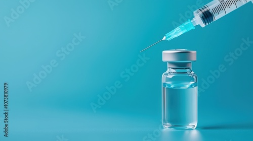 Realistic depiction of a vaccine vial and syringe on a vibrant blue background, symbolizing medical recovery and vaccination efforts in healthcare. photo