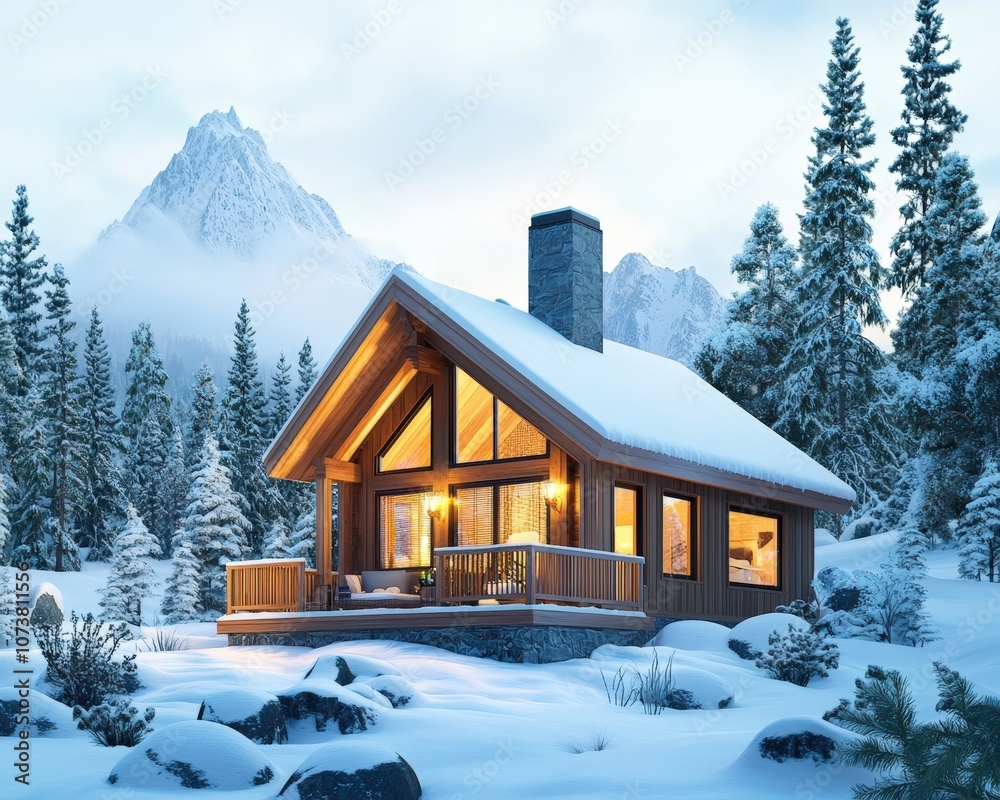 Naklejka premium A cozy wooden cabin surrounded by snow-covered trees and mountains, illuminated warmly at dusk