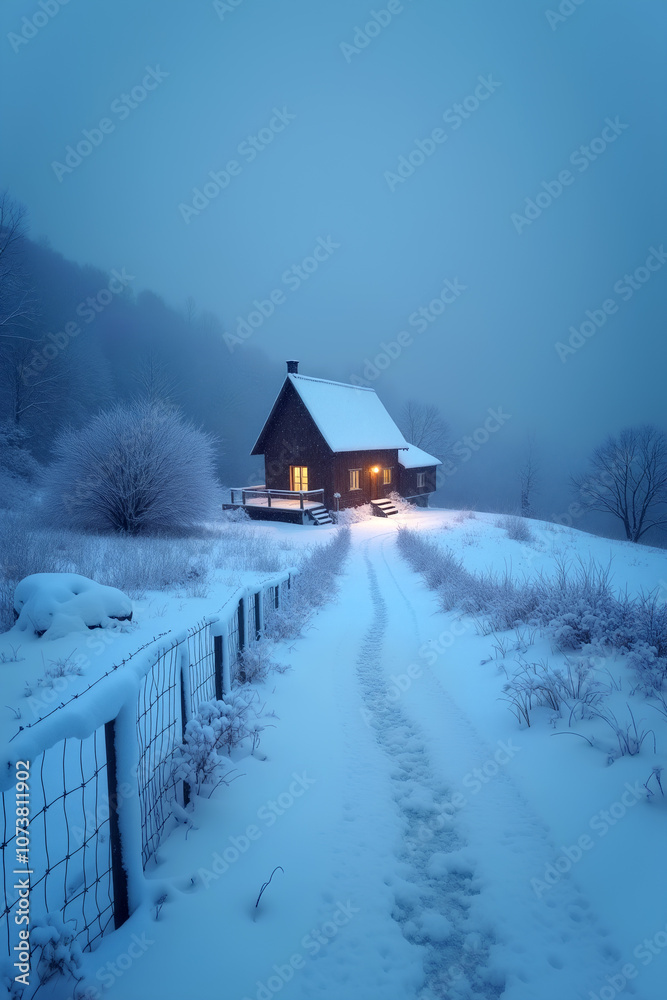 A charming cabin glows softly amidst a snowy landscape, with a path leading through the fog in the quiet of night - Generative AI A charming cabin glows softly amidst a snowy landscape, with a path leading through the fog in the quiet of night - Generative AI