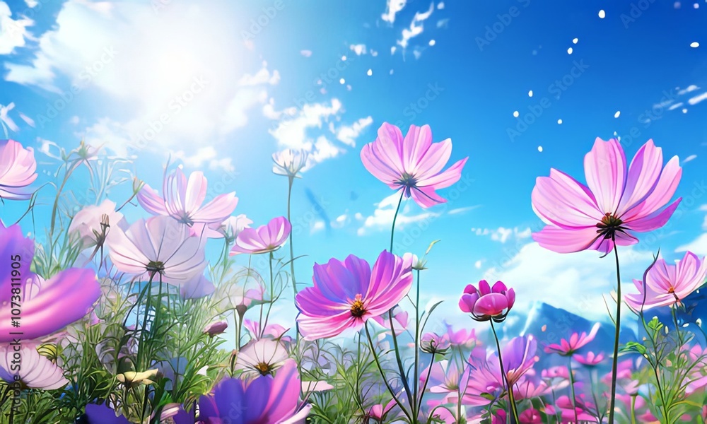Field of pink cosmos flowers with deep blue sky, capturing essence of peaceful summer day. Blossoms dance in wind, offering natural beauty. Great for floral prints, garden inspiration, seasonal decor. Field of pink cosmos flowers with deep blue sky, capturing essence of peaceful summer day. Blossoms dance in wind, offering natural beauty. Great for floral prints, garden inspiration, seasonal decor.