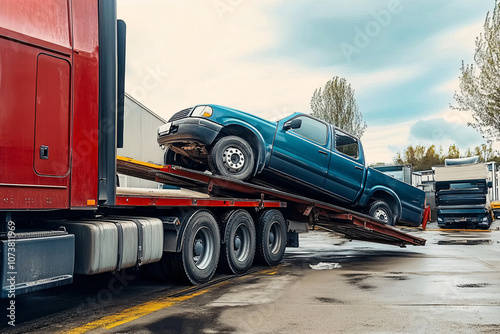 red flatbed truck delivering new pickup truck photo