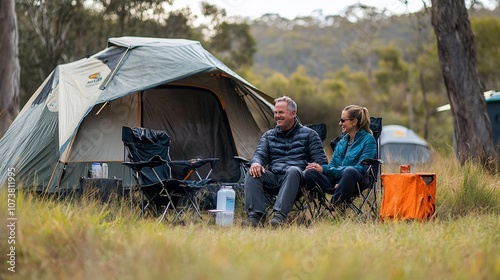 A couple enjoys a relaxing camping trip in the woods, sitting outside their tent, surrounded by trees.