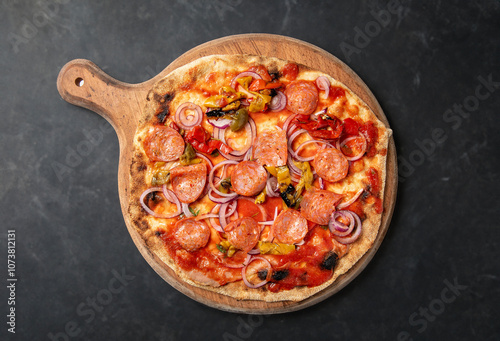 Photos Italian Calabrian pizza with tomato, mozzarella, pepperoni, onions, peppers and