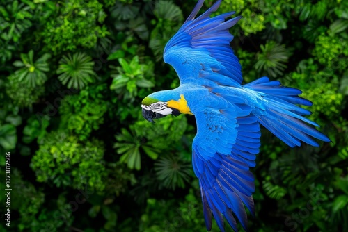 An orange-and-blue macaw flies to the right against a defocused forest background, San Jose do Rio Claro, Mato Grosso, Brazil.