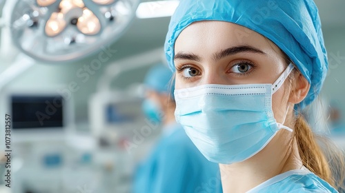 Professional medical specialist wearing mask and surgical attire, focused and alert in a hospital environment, showcasing dedication to patient care and advanced medical practices.