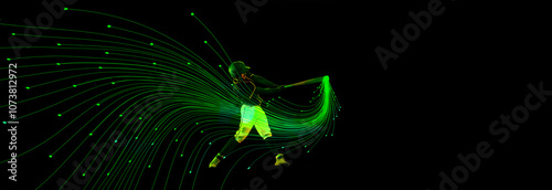 Photography Focused man, baseball player during intense game, hitting ball with bat on dark background with futuristic neon elements