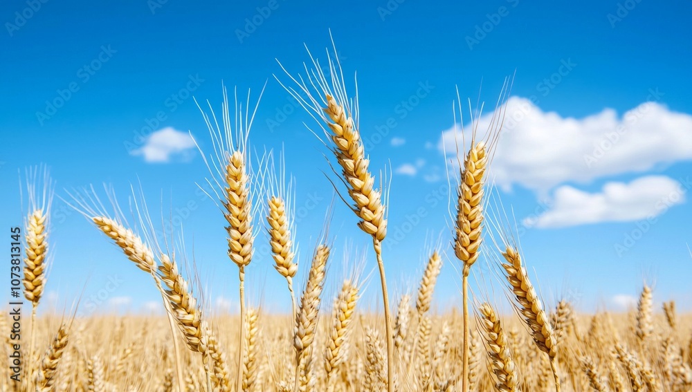 Illustration of ripe wheat against a blue sky, generative stock Illustration of ripe wheat against a blue sky, generative stock