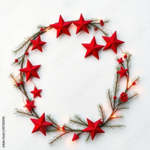 Christmas arrengement with red stars and pine green twigs on white background frame christmas isolated photo