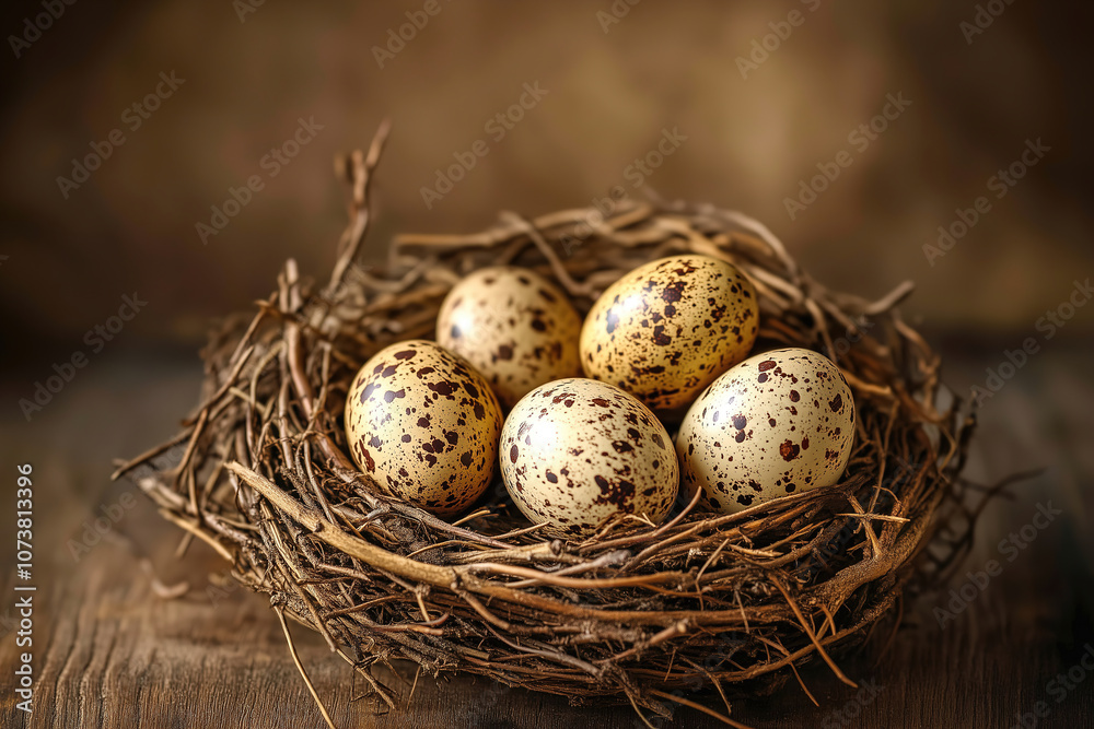 A close-up view of speckled eggs nestled in a natural twig nest resting on a rustic wooden surface. Generative AI A close-up view of speckled eggs nestled in a natural twig nest resting on a rustic wooden surface. Generative AI