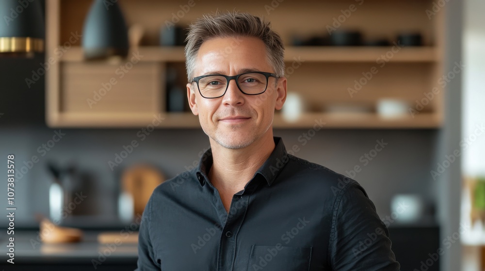 Confident Middle-Aged Man in Modern Kitchen Setting Confident Middle-Aged Man in Modern Kitchen Setting
