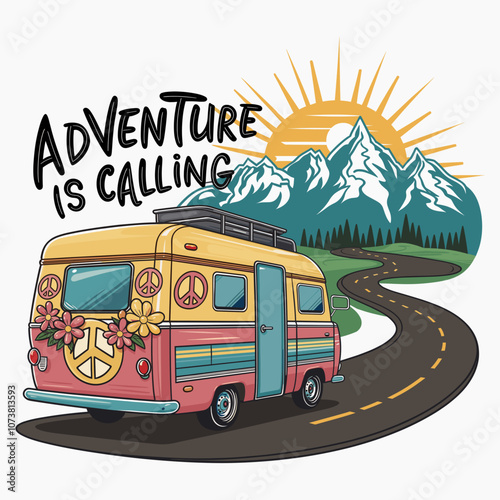 Retro Camper Vans with Mountains - Adventure is Calling - T-Shirt Print Design