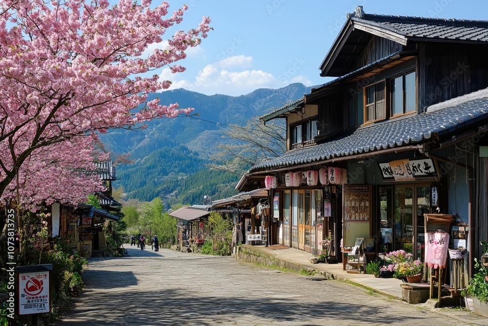 Cherry blossoms blooming near traditional japanese shops and mountain scenery Cherry blossoms blooming near traditional japanese shops and mountain scenery