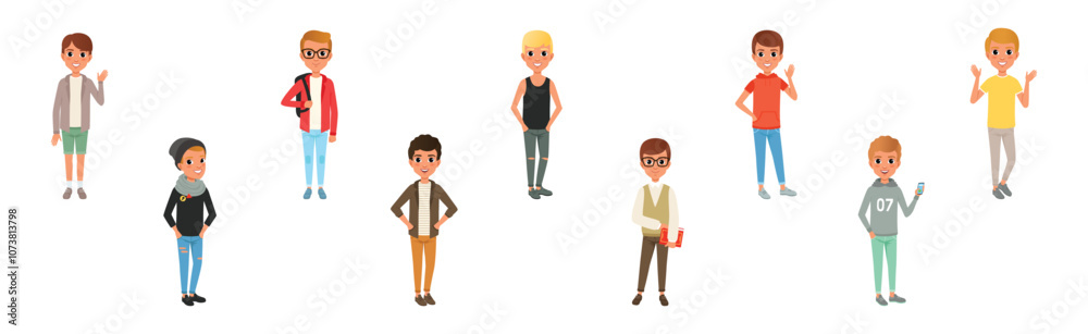 Young Man Modern Student Character Standing in Casual Fashion Wear Vector Set Young Man Modern Student Character Standing in Casual Fashion Wear Vector Set