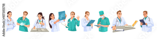 Set of doctors performing various medical activities on a white background. Concept of healthcare and medical professions. Vector illustration