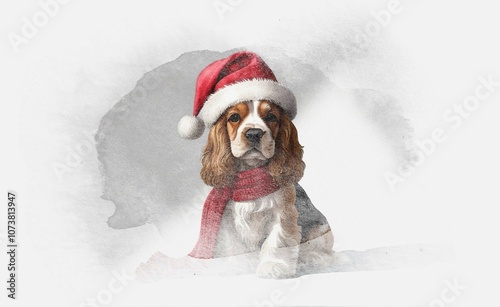 Watercolor Illustration of a Festive English Cocker Spaniel Wearing Santa Claus  Hat and Scarf on White Background