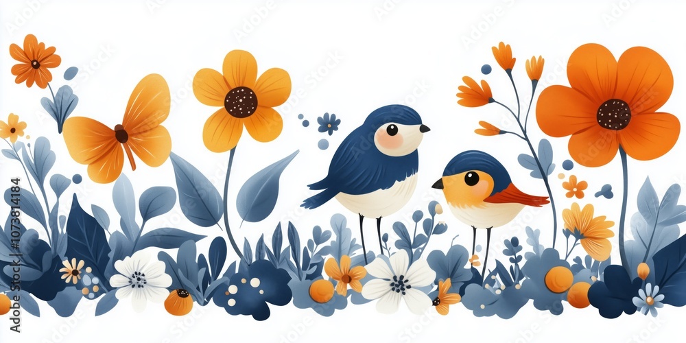 Two birds near flowers and butterfly, cartoon illustration Two birds near flowers and butterfly, cartoon illustration