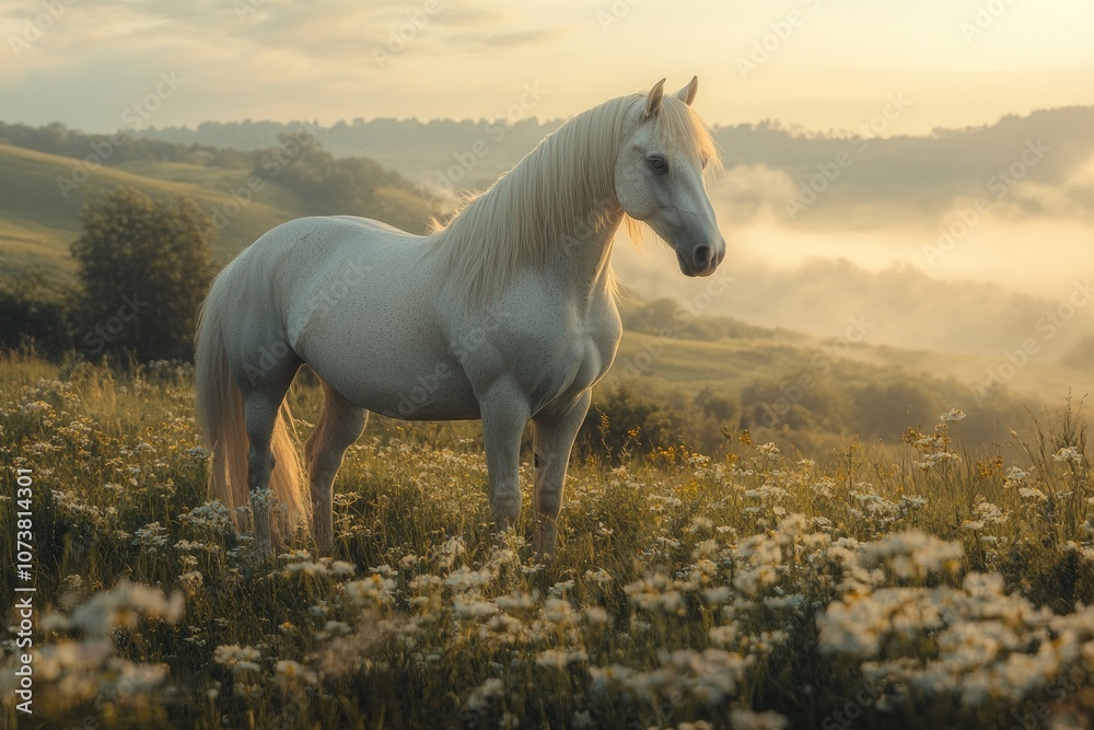 White horse standing in a field of flowers at sunrise with fog White horse standing in a field of flowers at sunrise with fog