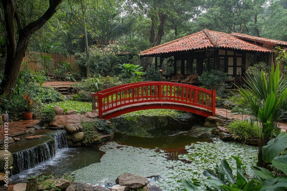 Red wooden bridge crossing over tranquil pond in lush garden Red wooden bridge crossing over tranquil pond in lush garden