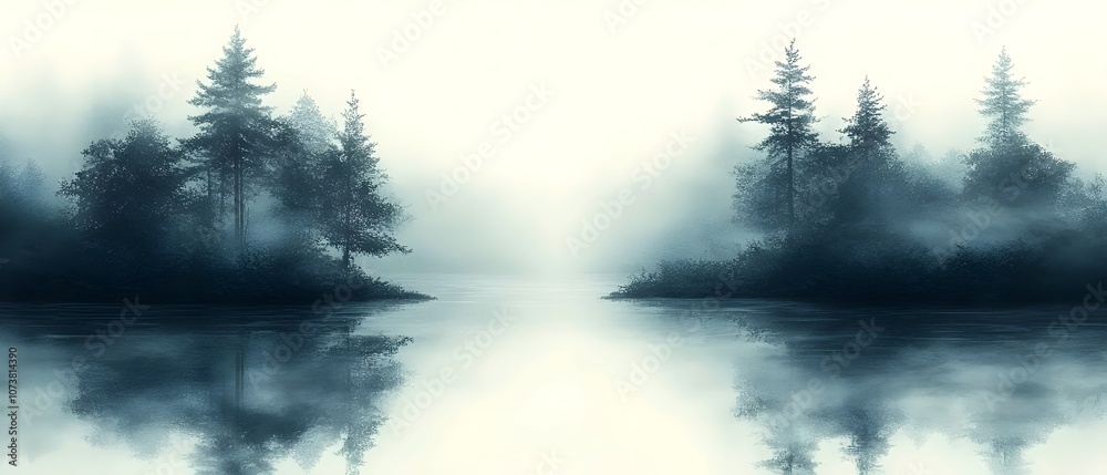 Fototapeta premium A serene landscape depicting a misty lake surrounded by tall evergreen trees, creating an ethereal atmosphere of tranquility and calmness in muted blue tones.