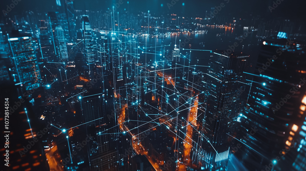Obraz premium mart digital Innovation city Business skyscrapers in the Financial District with connection network reciprocity over the cityscape. of future smart wireless digital city and social media networking