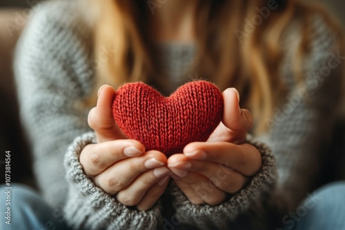Obraz na płótnie Woman holding a red knitted heart in her hands w salonie