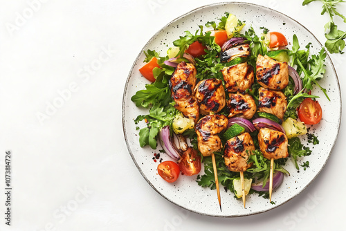 Grilled chicken skewers served on a bed of fresh arugula with cherry tomatoes and red onions for a summer feast. Generative AI