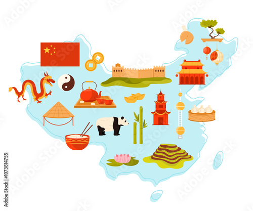 Travel to China, heritage landmarks and animals, Chinese culture elements on infographic country map. Great Wall of China and palace, pagoda and panda, flag and dragon cartoon vector illustration