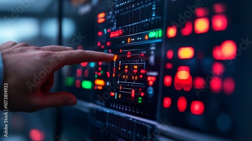 A close-up view of a hand interacting with a digital control panel featuring vibrant, glowing buttons and displays.