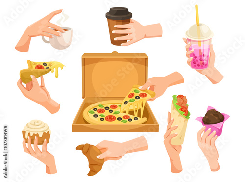 Various hands holding different food items on a white background. Vector illustration