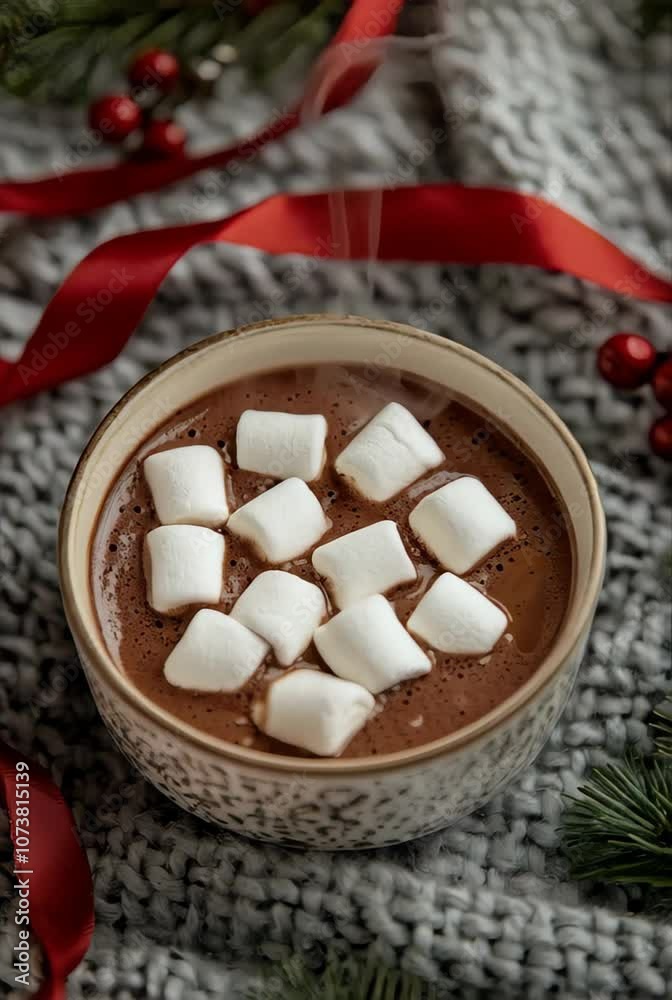 Cup of hot chocolate with marshmallows and red ribbon on gray blanket plaid background. Flat lay, top view. Winter holiday, Christmas and New Year celebration concept. Cup of hot chocolate with marshmallows and red ribbon on gray blanket plaid background. Flat lay, top view. Winter holiday, Christmas and New Year celebration concept.