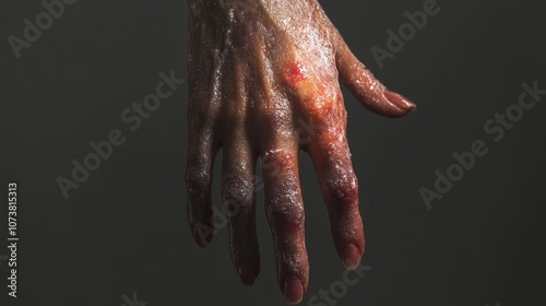 Close up of a female hand showing inflamed skin photo