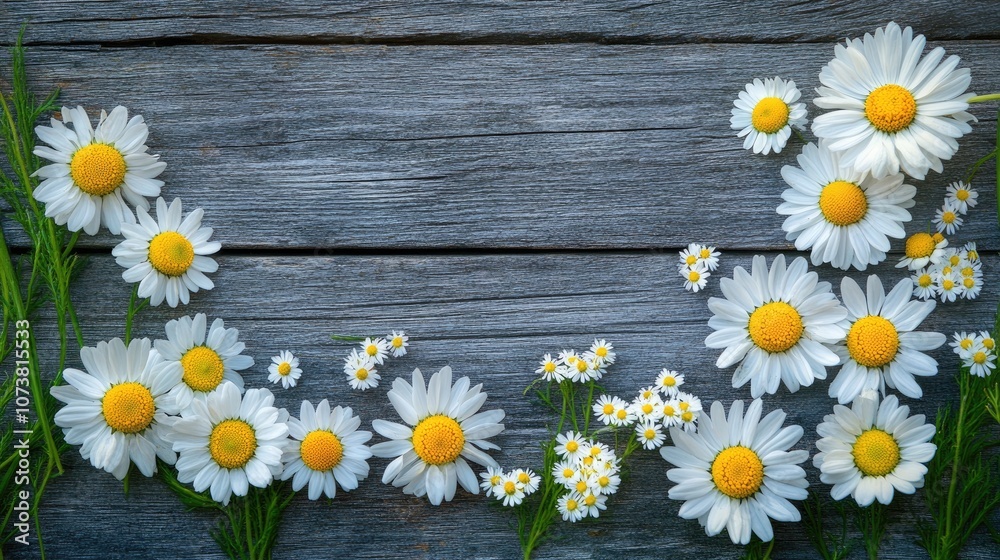 Fototapeta premium Daisy and chamomile blooms on a rustic wooden surface
