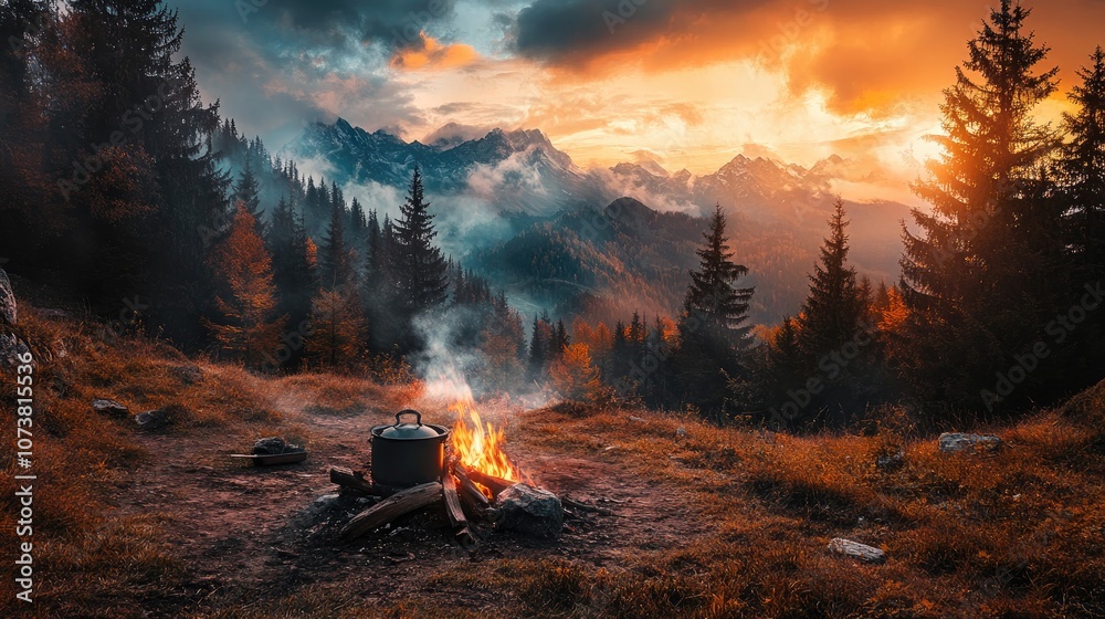 Fototapeta premium Cooking over a campfire in the mountains with a cauldron during camping season