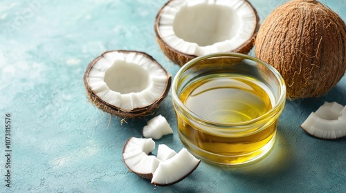 Coconut oil displayed on a blue tabletop showcasing its use in cosmetics and culinary applications Flat lay perspective