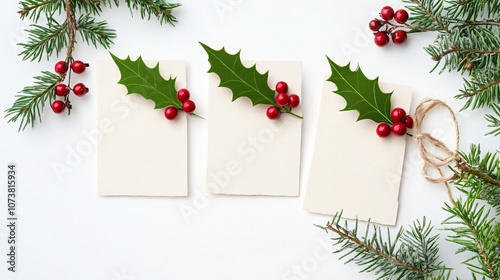 Crafted Christmas place cards made from recycled paper, with holly and berries, on a white background photo