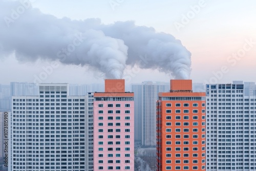 The city skyline and air pollution are associated with global warming.