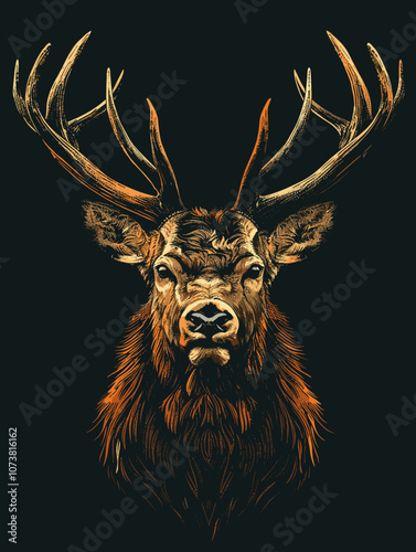 Portrait of a wild deer with big antlers. Vector illustration.