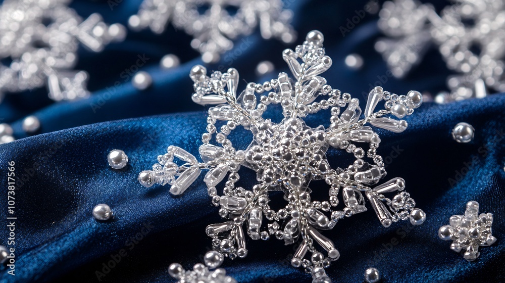 Handmade beaded snowflakes with silver accents, isolated on a dark blue background Handmade beaded snowflakes with silver accents, isolated on a dark blue background