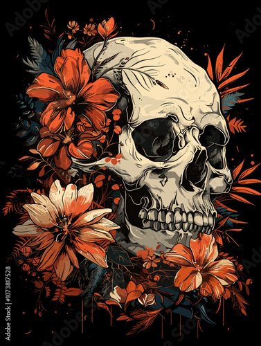 Skull with flowers. Vector illustration for tattoo or T-shirt design.
