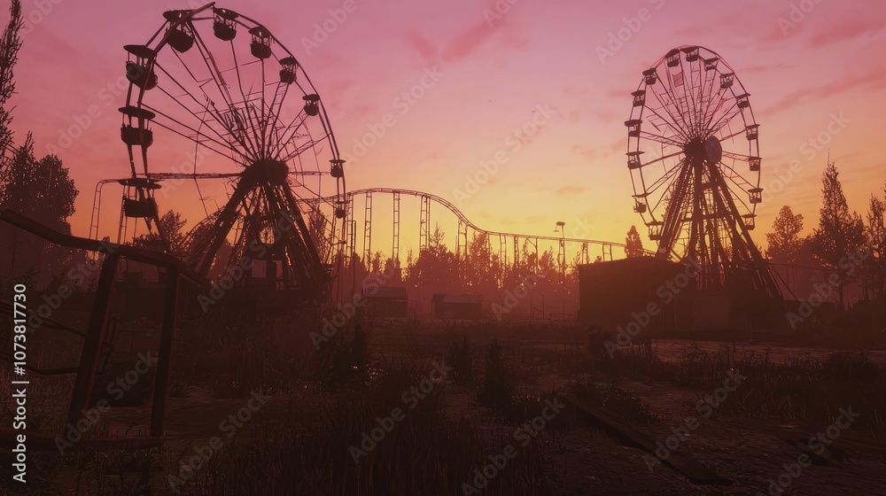 Twilight at the Abandoned Amusement Park: A Hauntingly Beautiful Scene of Rusting Rides Under a Colorful Sunset