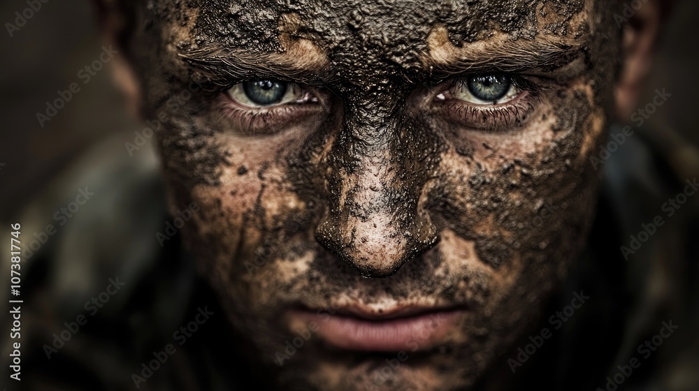 Close up portrait of a weary soldier with a muddy face reflecting the burden of battle and the impact of post traumatic stress Emphasizes the emotional toll of military life Close up portrait of a weary soldier with a muddy face reflecting the burden of battle and the impact of post traumatic stress Emphasizes the emotional toll of military life